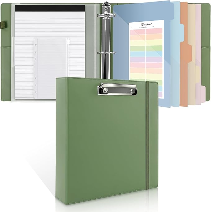 SKYDUE 3 Ring Binder with Clipboard, 2 Inch Binder, PU Clipboard Binder with Notepad & 5 Dividers with 5 Pockets, Labels, Clipboard Folder Great for School Office(Fit Letter Sized Paper)