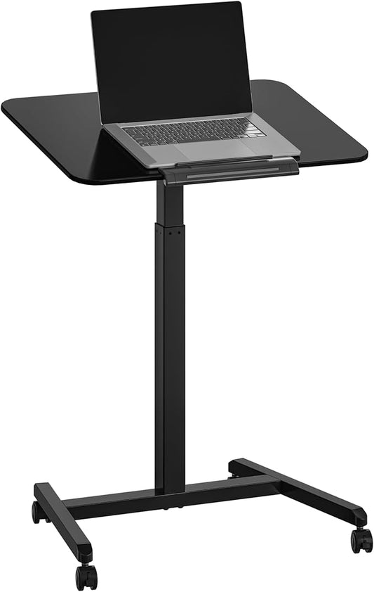 Seville Classics Airlift Height Adjustable Pneumatic Laptop Sit Stand Desk Mobile Rolling Cart, Computer Workstation for Home Office, Classroom, Black, 25.6" Tilting Desktop