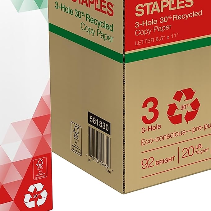 Staples Recycled 8.5 x 11-Inch, 3-Hole Punched Copy Paper 20 lb 92B 500/Ream 10 Ream/Count