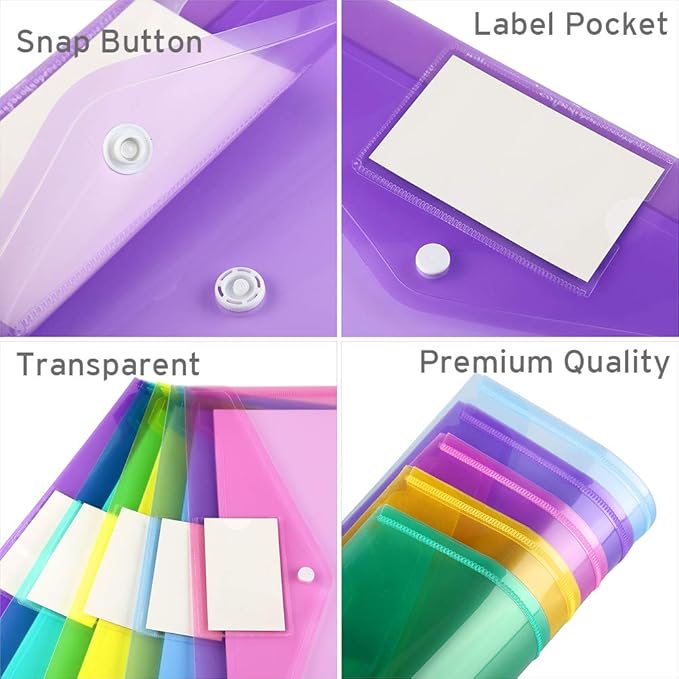 Sooez 20 Pack Folders Plastic Envelopes, Clear Plastic File Folder for Document, Letter A4 Size Poly File Envelopes with Label Pocket, Snap Button for Home Work Office Organizer, 5 Colors