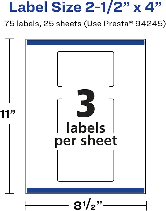 Avery Glossy White Rectangle Labels, Sure Feed Technology, 2.5" x 4", 75 Glossy White Labels, Print-to-The-Edge, Permanent Adhesive, Laser/Inkjet Printable