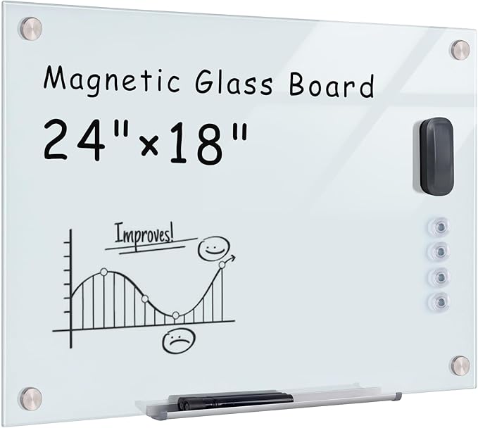 Mifuro Magnetic Glass Whiteboard，24"x18" Wall Mounted Frameless Dry Erase Board for Office, Home & School White