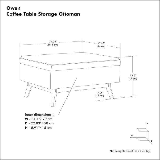 SIMPLIHOME Owen Coffee Table Storage Ottoman - 34 inch Wide Upholstered Linen Look Fabric Rectangular Lift-Top Ottoman in Natural, Mid-Century Modern Bench for Living Room with Tapered Legs