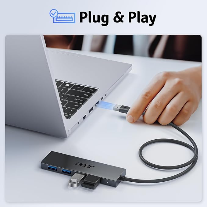 Acer USB Hub 4 Ports, Multiple USB 3.0 Hub, USBA Splitter for Laptop with Type C Power Port, Extender for A Port Laptop, PC, Desktop and More (2ft)