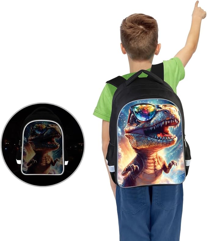 Kids Backpack Lightweight Durable Medium Teens Kids Backpack for School Boys and Girls Bookbag with Adjustable Shoulder Straps & Padded Back 17 Inch School bags with 3D Reflective Dinosaur Cartoon