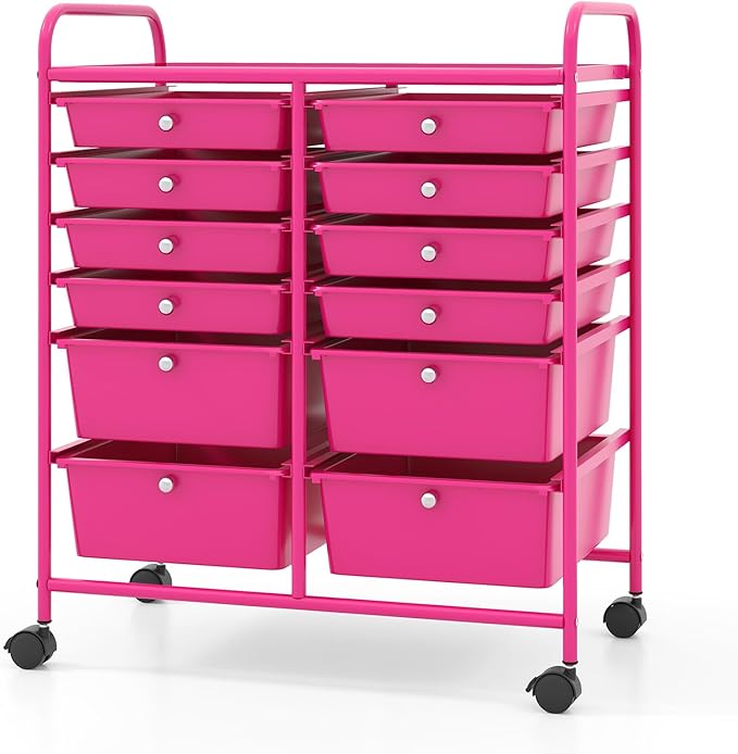 COSTWAY 12-Drawer Rolling Storage Cart, Moveable Art Craft Organizer W/Lockable Wheels, Metal Shelf, Files Arrangement Tools Makeup Storage Cart for Office, Home, School, Hot Pink