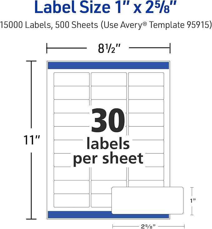 Avery Printable Address Labels with Sure Feed, 1" x 2-5/8" Customizable Stickers, White, 15,000 Blank Mailing Labels for Laser Printers, Great for Mailing, Shipping, and More (95915)