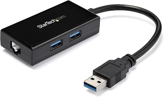 StarTech.com 2 Port USB 3.0 Hub with Ethernet - USB 3.0 x 2 - Gigabit Ethernet Network Adapter for Windows/Mac/Chrome (USB31000S2H) Black
