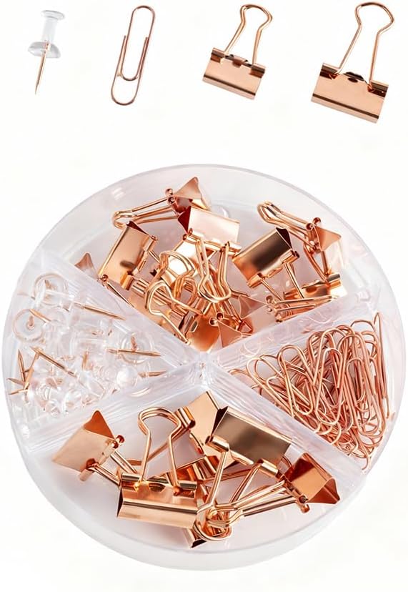 Cute Office Supplies Rose Gold, Paper Clips, Binder Clips and Push Pins Set, Paper Organizer Clips with Storage Box