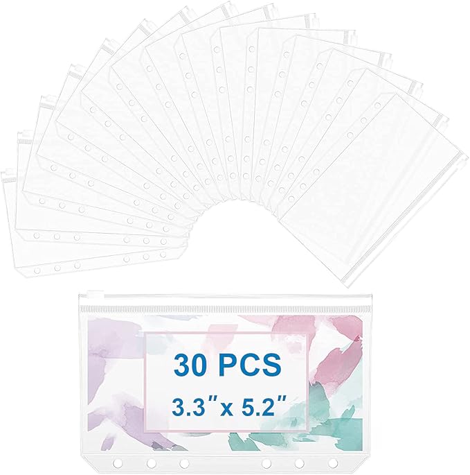 30pcs A7 Mini Binder Pocket Clear Budget Planner Inserts Zipper Pouch Bulk Binder Organizer Cash Envelopes for Budgeting Waterproof PVC Loose Leaf Bags Card Sleeves for 6 Ring Notebook