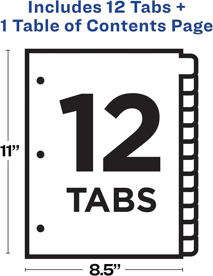 Avery Dividers for 3 Ring Binders, 12 Tabs per Set, Customizable Table of Contents, Classic White Tabs, Great for Organizing Reports, Projects, and More (11140)
