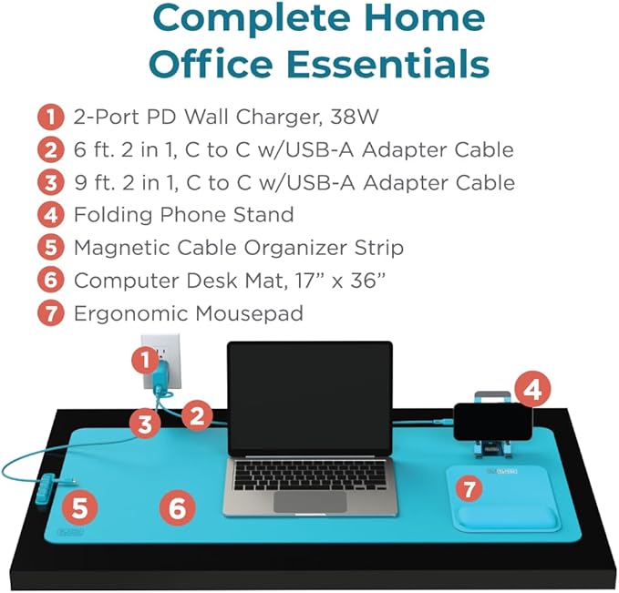 BLACK+DECKER Home Office Kit, 7 PCS Set, Desk Pad, 2-Port PD Charger, Ergonomic Mouse Pad, Phone Stand, Combo Cables, Cable Organizer, Workspace Accessories Perfect for Work-from-Home, College Dorm