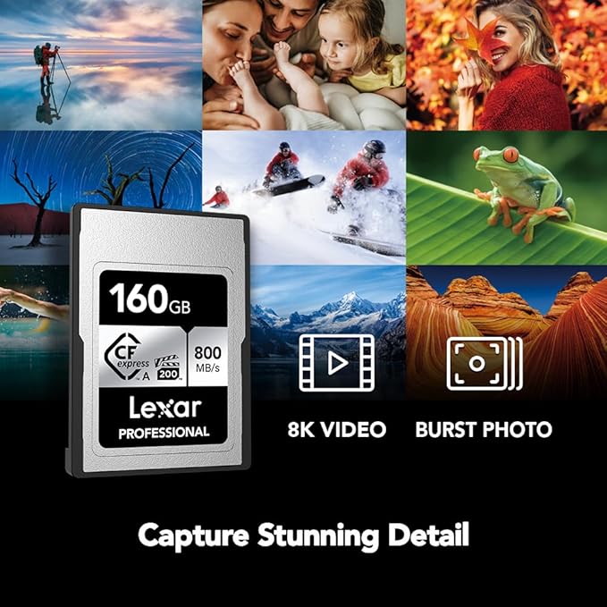 Lexar 160GB Professional CFexpress Type A SILVER Series Memory Card, Compatible with Sony Cameras w/ Type A Card Slot, Up to 800/700 MB/s Read/Write, 8K Video, VPG 200 (LCAEXSL160G-RNENG)