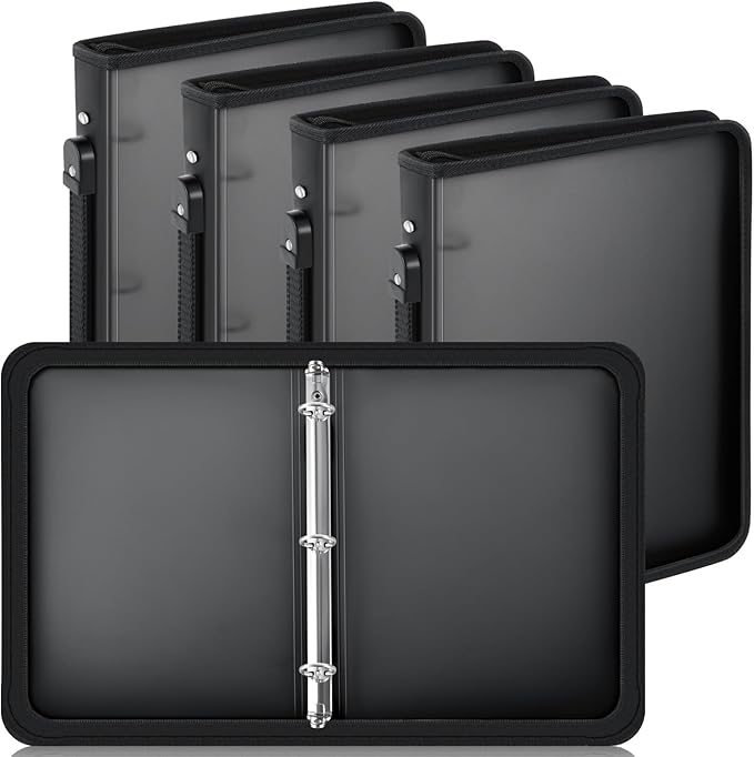 Teling 4 Pcs 2 Inch Black Zipper Binder with 3 Ring Zipper Binder, Refillable Plastic Clear File Organizer Planner for Projects, Assignments, Memos, School Work, 13.2 x 11 Inch