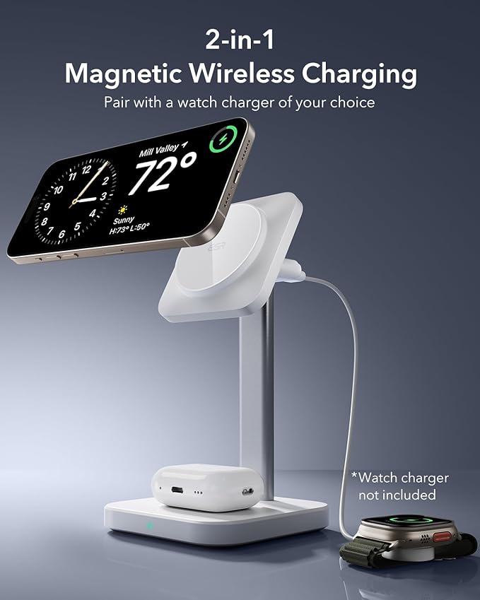 ESR 2 in 1 Charging Station for Apple, MagSafe Charger Stand for iPhone [Certified], Magsafe Charging Station for Multiple Devices iPhone 17/16/15/14/13/12, Apple Watch, & AirPods, White