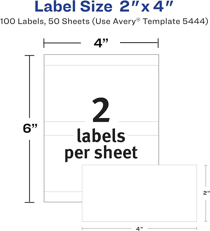 Avery Printable All-Purpose Removable Labels, 2" x 4" White, Write or Print, Great for Organization Projects, 100 Customizable Blank Labels (5444)