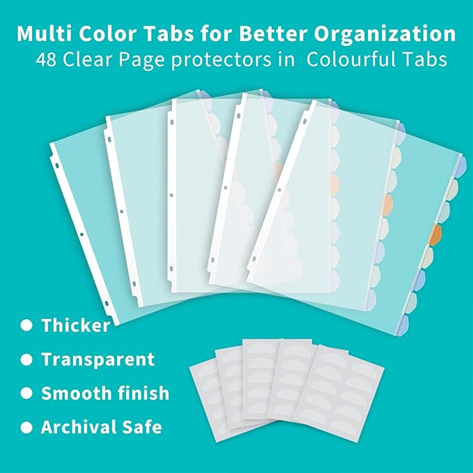 Binditek 48 Pack Heavyduty Clear Sheet Protectors with 8 Tabs, 45 Sheets Capacity, 8.5 x 11 inch Plastic Dividers for 3 Ring Binder, Insertable Index Divider, Letter Size, 6 Set, Label Sticker