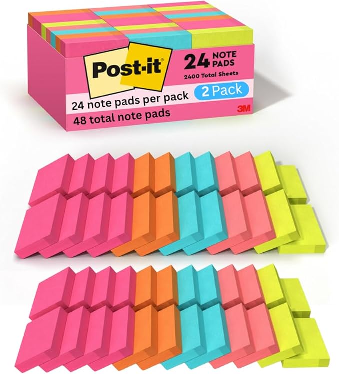 Post-it Mini Notes, 1 3/8 x 1 7/8 in, 24 Pads, America's #1 Favorite Sticky Notes, Poptimistic Post-it Notes, Power Pink, Aqua Blue, Vital Orange, Neon Green, Guava Pink (2 Pack)