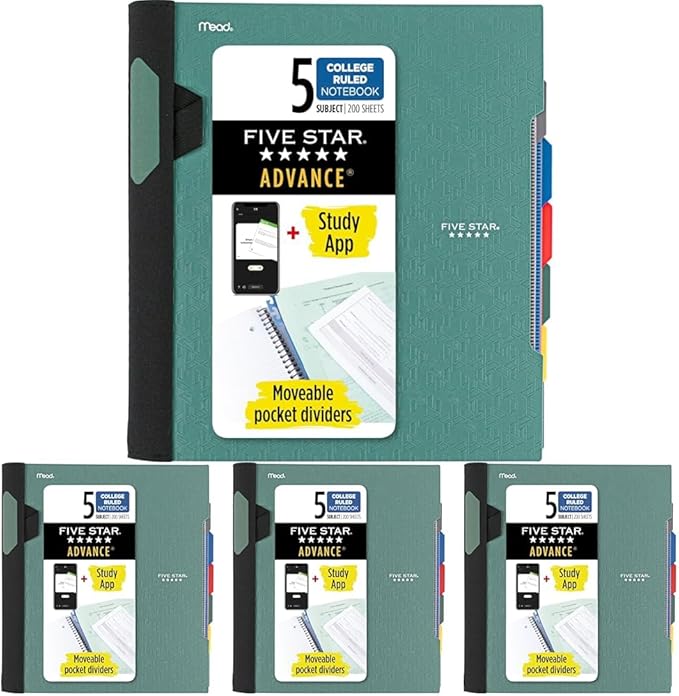Five Star Flex Refillable Notebook + Study App, 1 Inch Binder with Customizable Cover, College Ruled Notebook and 3 Ring Binder, Hybrid NoteBinder, 200 Sheet Capacity, Green (29326AQ8) (Pack of 4)