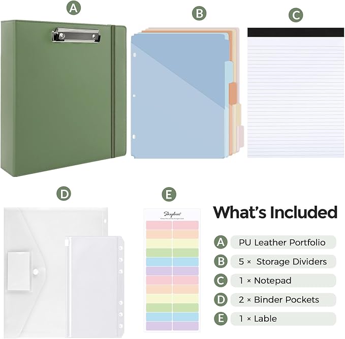 SKYDUE 3 Ring Binder with Clipboard, 2 Inch Binder, PU Clipboard Binder with Notepad & 5 Dividers with 5 Pockets, Labels, Clipboard Folder Great for School Office(Fit Letter Sized Paper)
