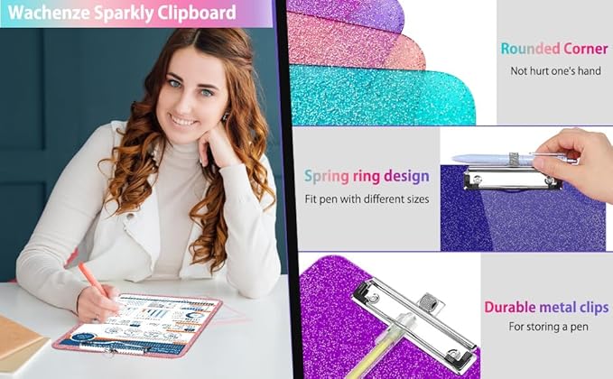 Sparkly Clipboard with Pen Holder, Clear Plastic Glitter Clip Board, Hanging Shiny Clipboards with Low Profile Metal Clip, Letter A4 Size for Taecher Women Office School (Clear Pink)