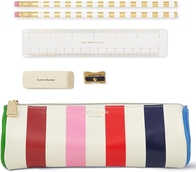 Kate Spade New York Pen and Pencil Case with Office Supplies, Zip Pouch Includes 2 Pencils, Sharpener, Eraser, and Ruler