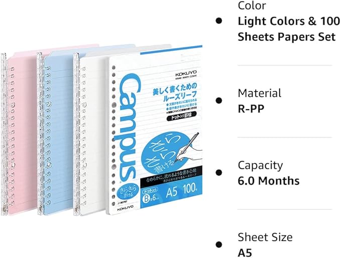Kokuyo Campus Smart Ring Binders 3 Pack, A5 Binder Notebooks + 100 Campus Loose-Leaf Paper, 25 Sheet Capacity, 20 Ring, Slim Binder Folder for Meeting and Classes, Vivid Color, Japan Import