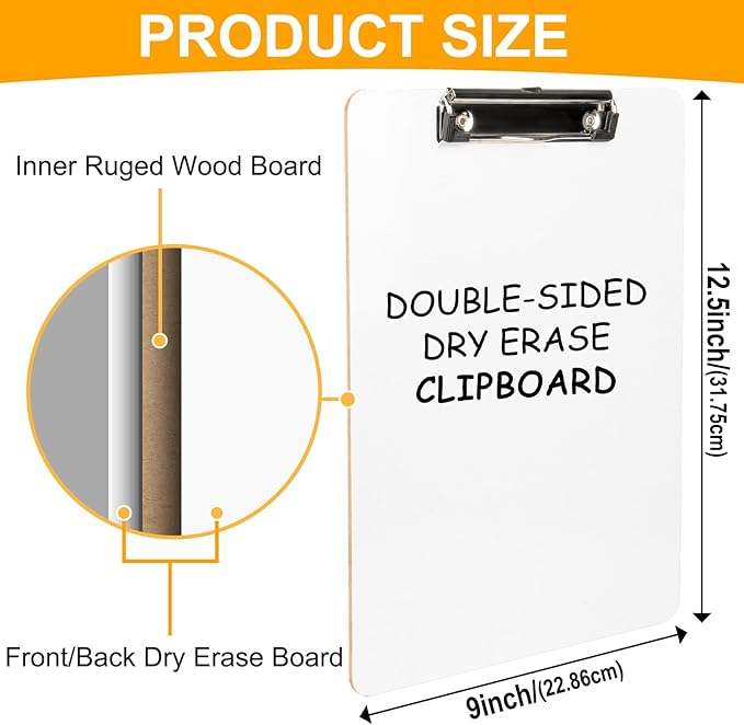 Dry Erase Wood Clipboard 20 Pack, Hardboard Clip Board 8.5x11 for Classroom, Students, Kid, Size 9" x 12.5", Double-Sided White Board, with Low Profile Clip, Office & School Supply