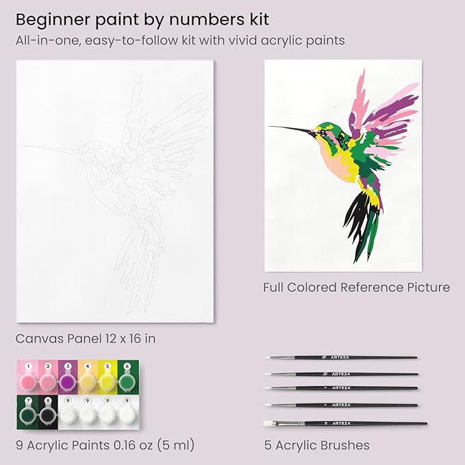 ARTEZA Paint by Numbers for Adults, 12x16 Inches, 21-Piece Hummingbird Painting Kit, Includes Canvas Panel, 12 Acrylic Paint Pots & 5 Paintbrushes for Home & Office Decor