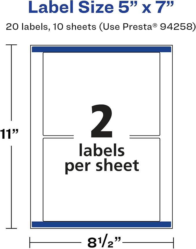 Avery Glossy White Rectangle Labels, Sure Feed Technology, 5" x 7", 20 Glossy White Labels, Permanent Adhesive, Laser/Inkjet Printable