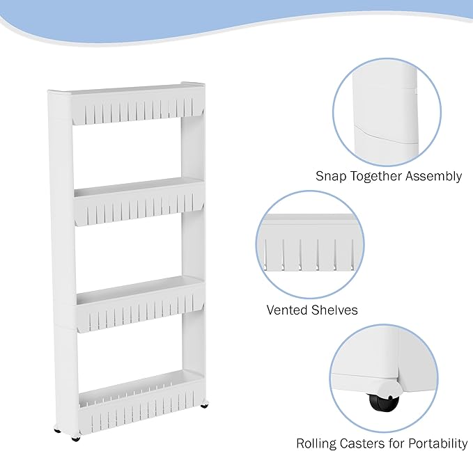 4-Tier Storage Organizer Rack - Plastic Rolling Cart for Office, Dorm, Bedroom, Bathroom, and Laundry Room Organizing by Lavish Home (White)