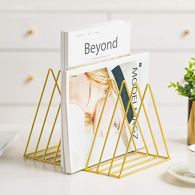 Sooyee 2 Pack 9 Slot Gold Magazine Holder,Desktop File Sorter Organizer Triangle Bookshelf Decor Home Office