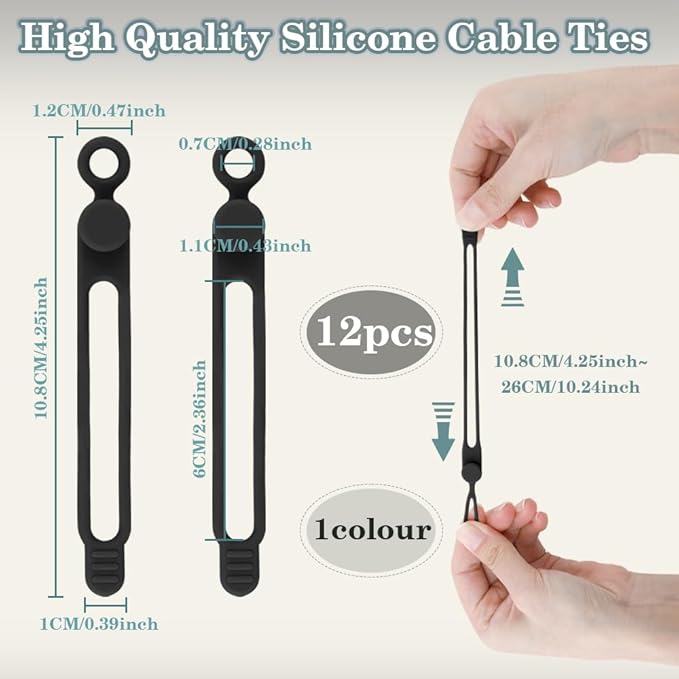 12Pcs Black Silicone Cable Ties - Reusable, Organize Electronic Cords & Wires in Office, Home, Kitchen, School & Travel