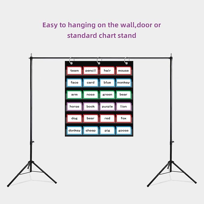 20”W x 25”H Classroom Words Pocket Chart with 6 Clear Pockets, Black Standard Pocket Chart for Classroom and Home for Sentence Strips, Reusable Clear Pocket Hanging Words Chart (Black)