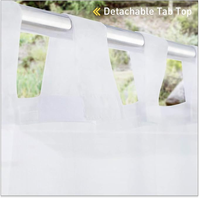 NICETOWN 2 Panels Outdoor Patio Curtains Waterproof, Detachable Sticky Tab Top Indoor Outdoor Sheer Voile Drapes Airy & Elgant Easy Haning for Pergola, W54 x L96, White