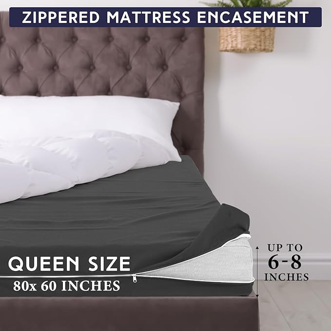 Zippered Mattress Fitted Protector Deep Mattress Encasement Soft Zipper Fitted Sheet Microfiber Bed Sheet Cover for Bed(Dark Gray,Queen,6-8in)