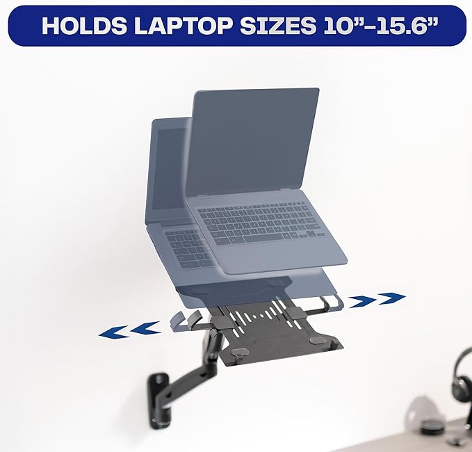 VIVO Height Adjustable Pneumatic Extended Arm Laptop Wall Mount, Full Motion Articulating Notebook Tray, Fits 10 to 15.6 inch Screen, Black, MOUNT-V001GL