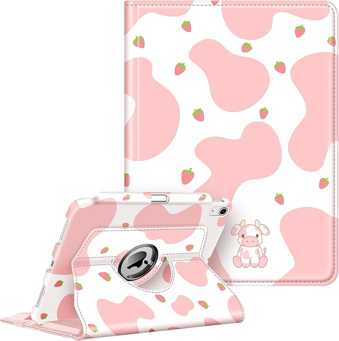 Fintie Rotating Case for iPad (A16) 11th Generation 11 Inch (2025), iPad 10th Generation 10.9 Inch (2022) - [Built-in Pencil Holder] 360 Degree Rotating Protective Stand Cover, Strawberry Cow