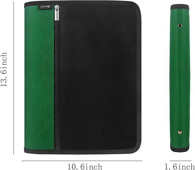 Zipper Binder 1.5 Inch Round 3-Ring Binder, Zippered Grip Pockets Storage Bag Business Office Supplies for Men Women Green (JC-AMZZB12365-Green)