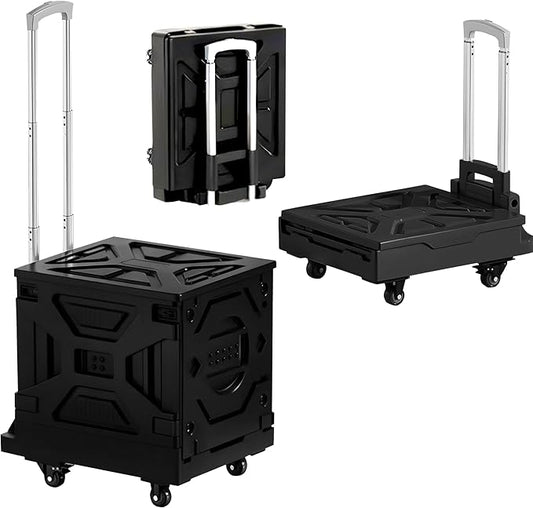 VECELO Foldable Utility Cart with Wheels - Heavy Duty Collapsible Rolling Cart for Shopping, Travel, Office & Home - Portable Luggage Cart with Telescoping Handle, Black