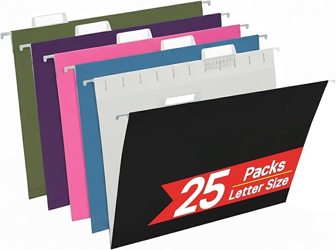 25 Packs Hanging File Folders,Assorted Color Letter Size File Folder,Designed for Bulky Files,Filing Cabinet,1/5 Adjustable Tabs for Office,School,Home(Black,Blue,Pink,Purple,Standard Green)