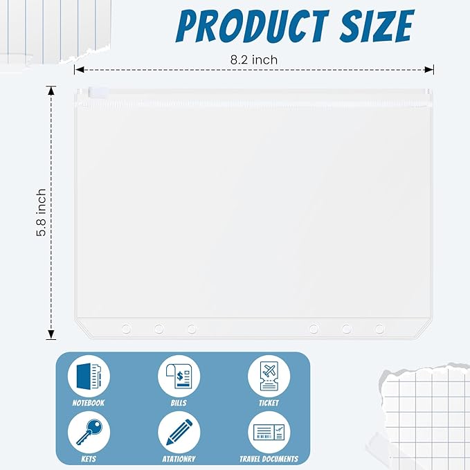 Zonon 30 Pcs A5 6 Rings Tansparent Zipper Binder Pouches Clear Binder Pockets with Zipper Folders Waterproof PVC Loose Leaf Bags Filling Bags for Pen Pencil Notebooks File Document