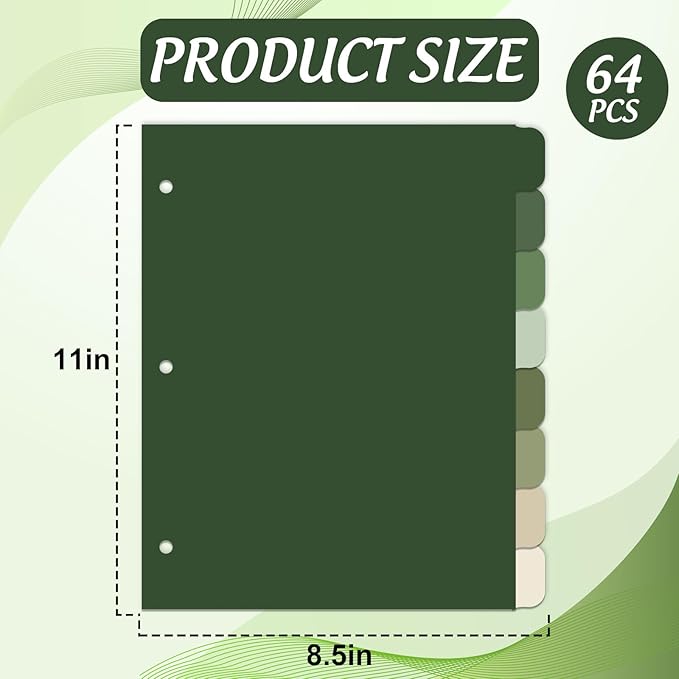 Whaline 64 Pcs/ 8 Set Sage Green 3 Ring Binder Dividers Colorful Index Dividers Plastic Page Folder Divider Sheets Protectors for Notebook Home Office Classroom Supplies