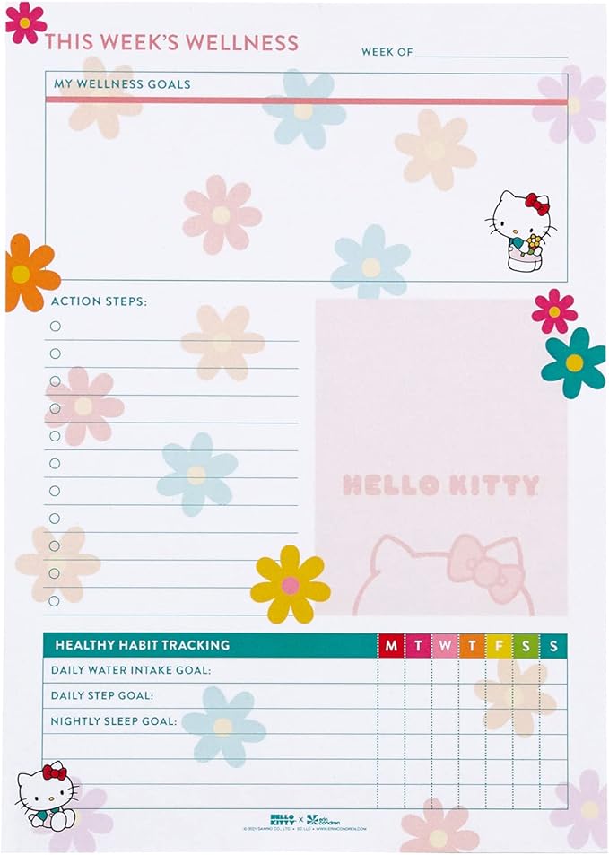 Erin Condren Hello Kitty Wellness Notepad. Notepad for Tracking Sleep, Nutrition, Activities, and General Health Tracking. 6" x 8.5". 25 Wellness Track/Record Sheets