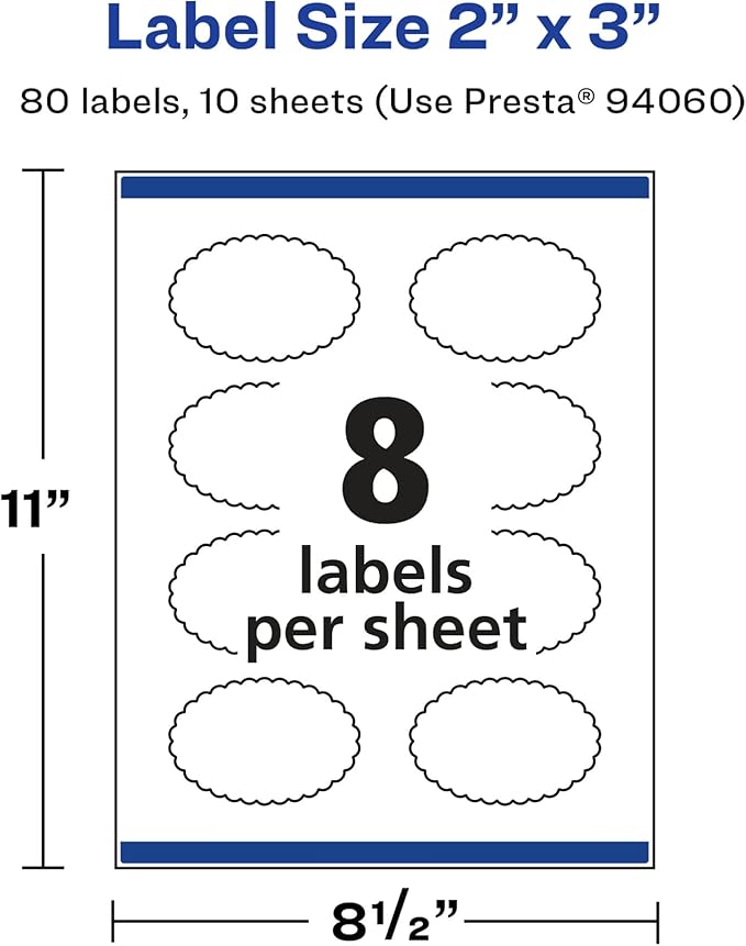 Avery Glossy White Oval Scalloped Labels, Sure Feed Technology, 2" x 3", 80 Glossy White Labels, Print-to-The-Edge, Permanent Adhesive, Laser/Inkjet Printable