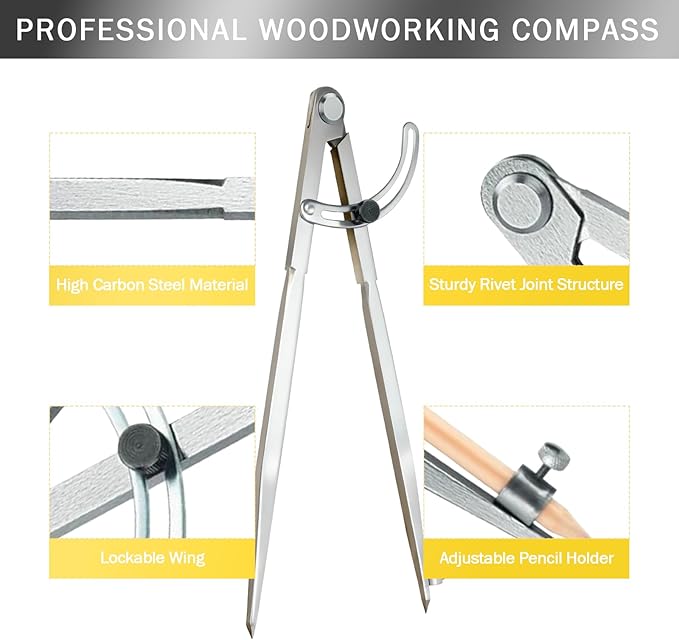 Compass Geometry Tool Set – 12 Inch Drafting Compass with Wing, 6 Inch Protractor, 12 Inch Metal Ruler & Pencils – Precision Drawing Compass for Geometry, Woodworking, Carpenters, Students