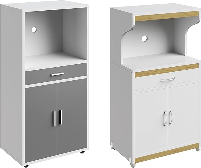Microwave Stand with Drawer - Rolling Storage Cabinet with Doors and Locking Wheels - Freestanding Kitchen Storage by Lavish Home (White and Gray)