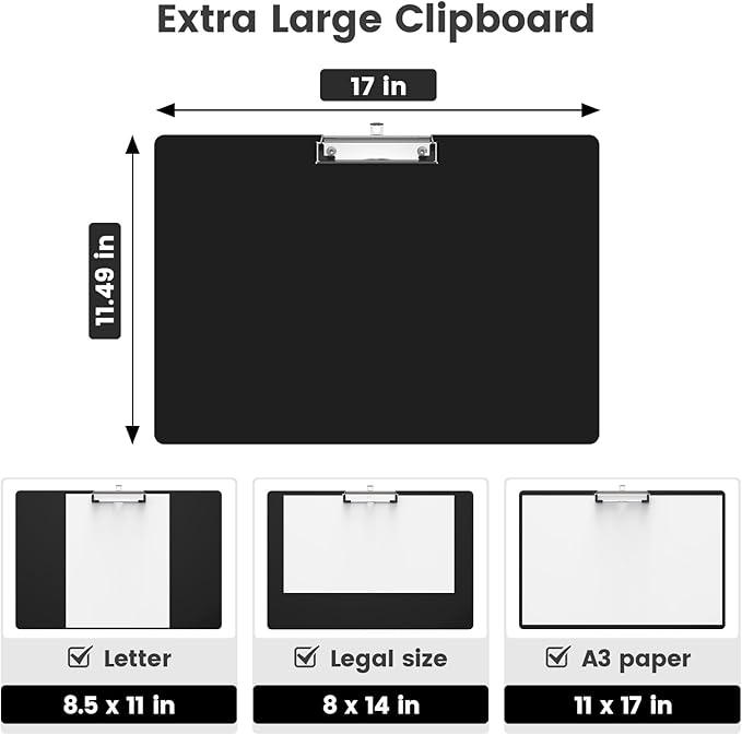 Extra Large 11x17 Clipboards, Plastic Black Drawing Boards, Horizontal Clip Board, Landscape Layout. Suitable for Watercolor, Sketching, Painting. Art & Drafting Supply