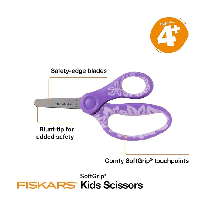 Fiskars 5" SoftGrip Blunt-Tip Scissors for Kids Ages 4-7 (3-Pack), Scissors for School or Crafting, Back to School Supplies, Blue, Purple, and Pink Designs