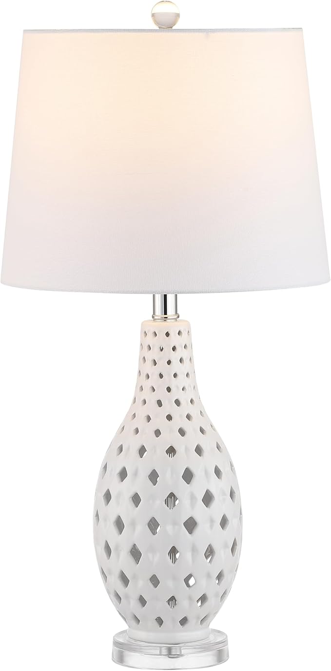 SAFAVIEH Lighting Collection Harlem Trellis White Ceramic 26-inch Bedroom Living Room Home Office Desk Nightstand Table Lamp (LED Bulb Included)